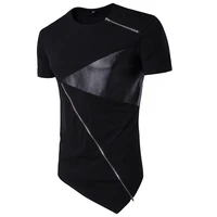 

2019 wholesale summer men O neck fashion special hem patchwork PU hip top t shirt for men