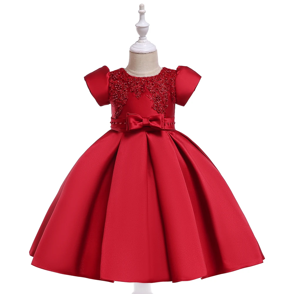 

Evening Puffy Dress with Pearl Infant Lace Flower Knee Dress 3-12 Years old Girl Dress in Red Color for Party L5073