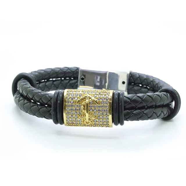 

Stars Forever Stainless Steel Magnetic Clasp Embossed Anchor Charm Leather Braid Bracelet