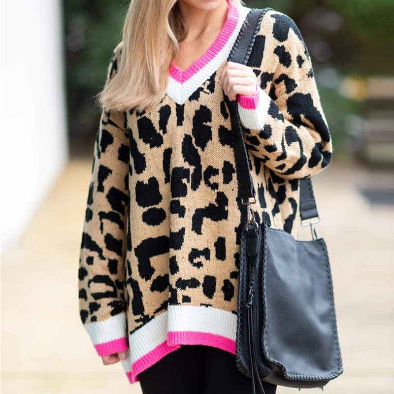 

New plus size women pullover ladies warm jacquard knit sweater long-sleeves leopard print loose blouses tops