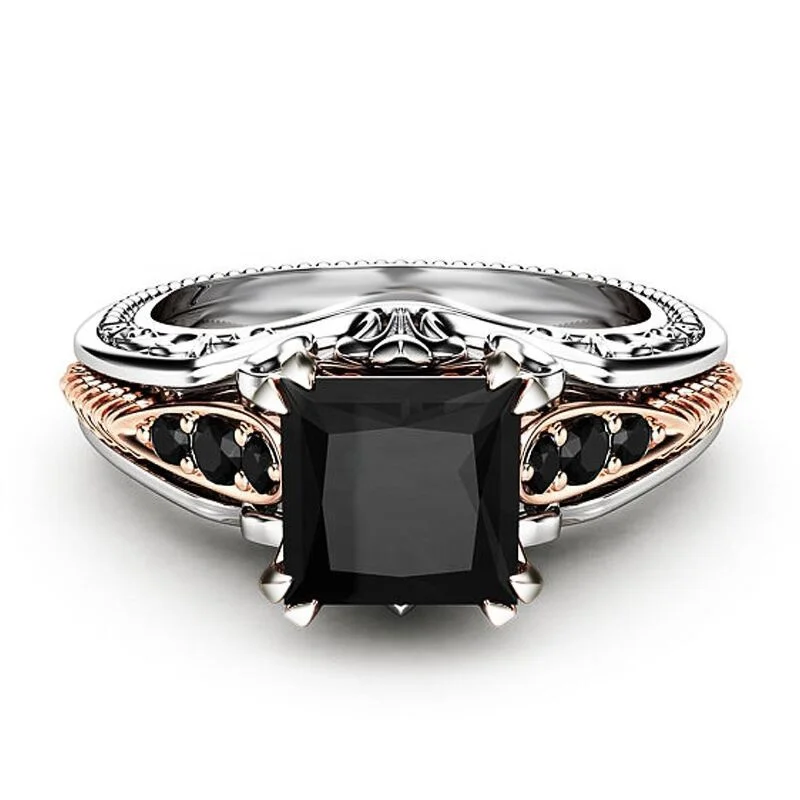 

Caoshi Fashion Jewelry Princess Cut Zircon Ring Silver Black Stone Ring Dainty Style Black Ring Women
