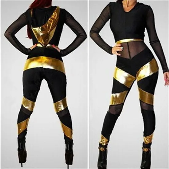 

Sexy women jumpsuit one piece long jumpsuit mesh gold patchwork hooded top long sleeve jumpsuit A497, As pic