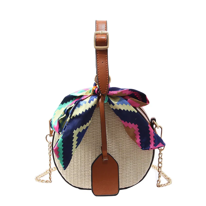 

2021 Boho Style Summer Chain Shoulder Hand Bags Round Straw Beach Bag With Scarves, 4 colors