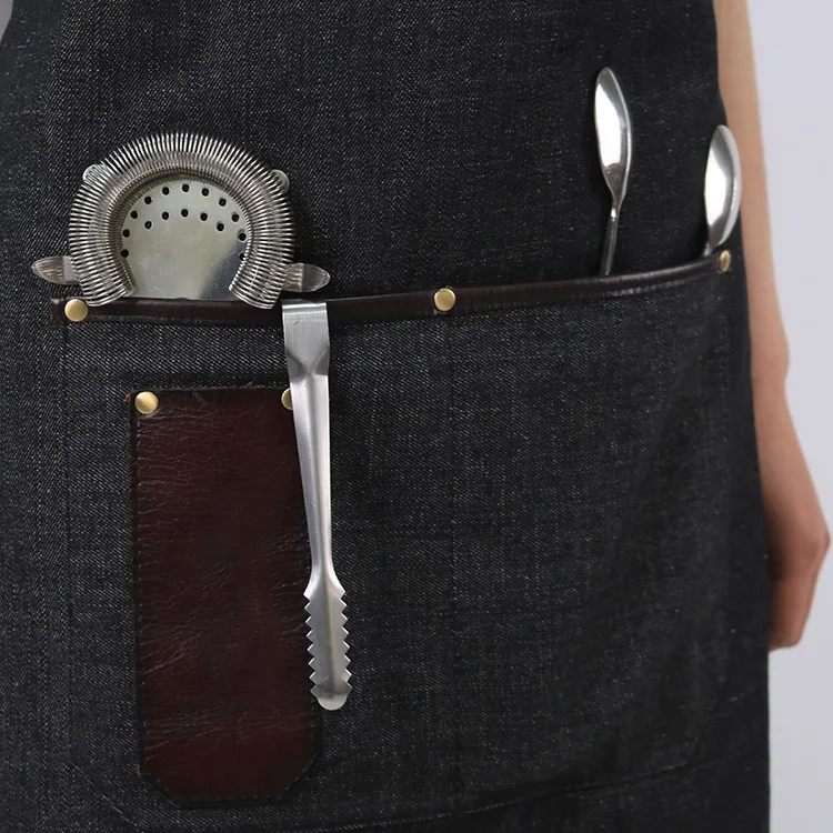Changrong Custom Black Mens Bartender Uniform Apron Leather Strap Apron Denim Apron With Pockets