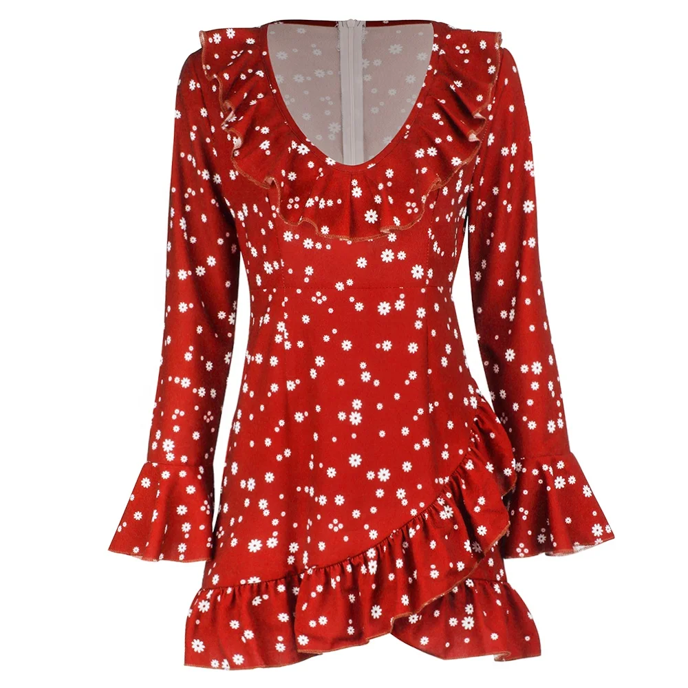 

2019 Summer Long Sleeve Ladies Dress V neck Sexy Falbala Clothing Printed Women Dresses, Red;dark green