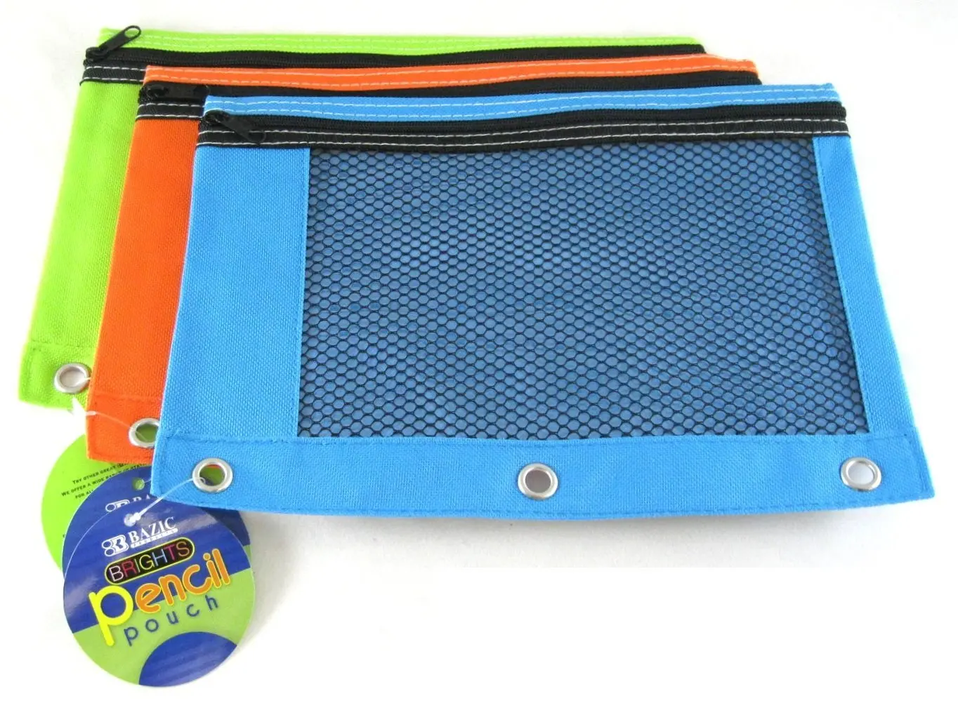 3 Pk, BAZIC Bright Color 3-Ring Pencil Pouch-Mesh Window, Boys