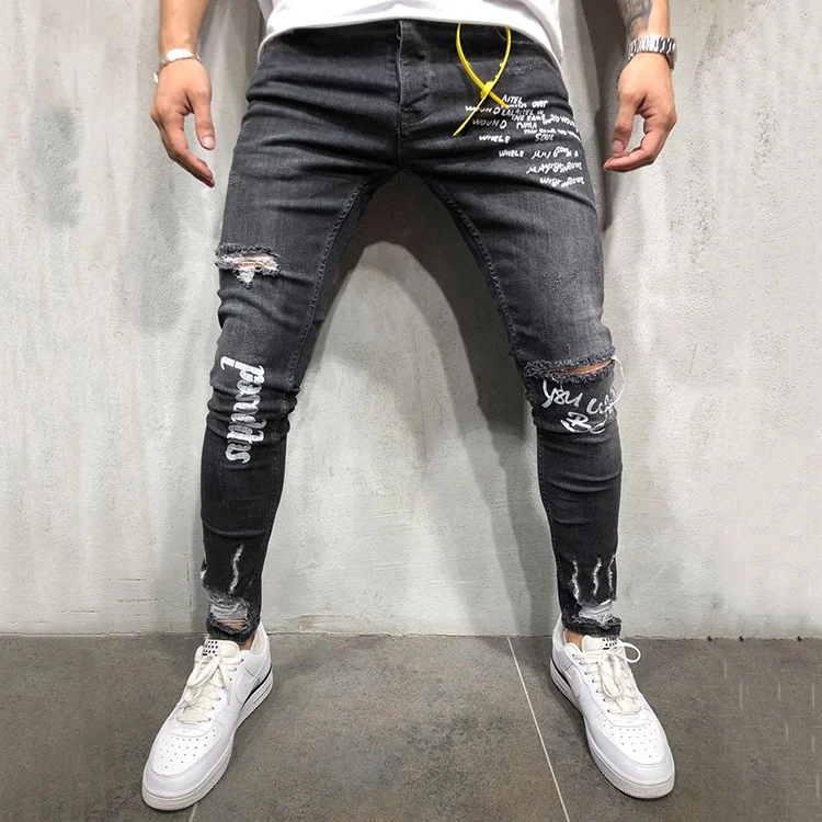

A12NK58 Factory Good Design New Black Elastic Youth Broken Hole Jeans
