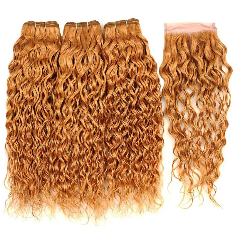 

Cheap 9A Wet Wavy 16 inch #27 Strawberry Blonde Water Curly Wave Brazilian Virgin Human Hair Lace Closure Bundle for Black Women, #27 or you like