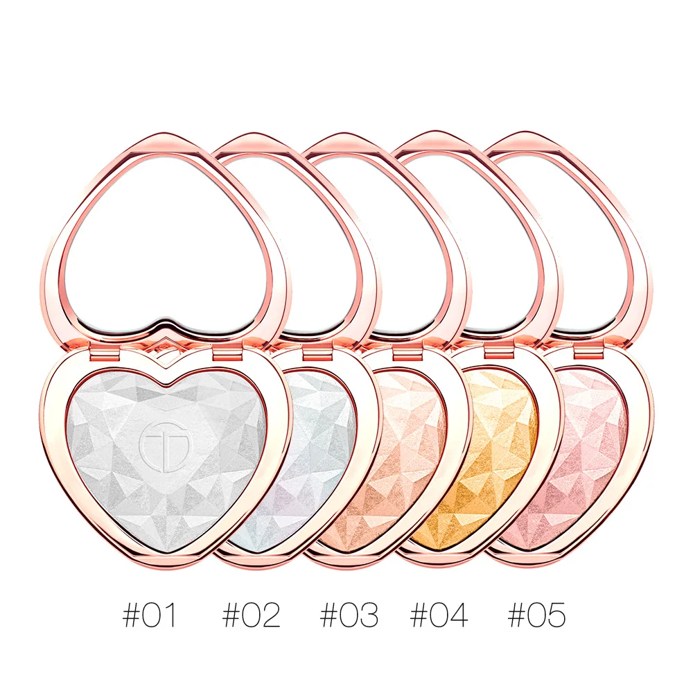 

O.TWO.O Brand Hot Sale Heart Highlight 5 Color 3D Effect Makeup Highlighter Powder With Mirror, 5 colors