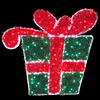 Outdoor LED green lighted tinsel gift box present with red ribbon bow for commercial Christmas lighted motif displays