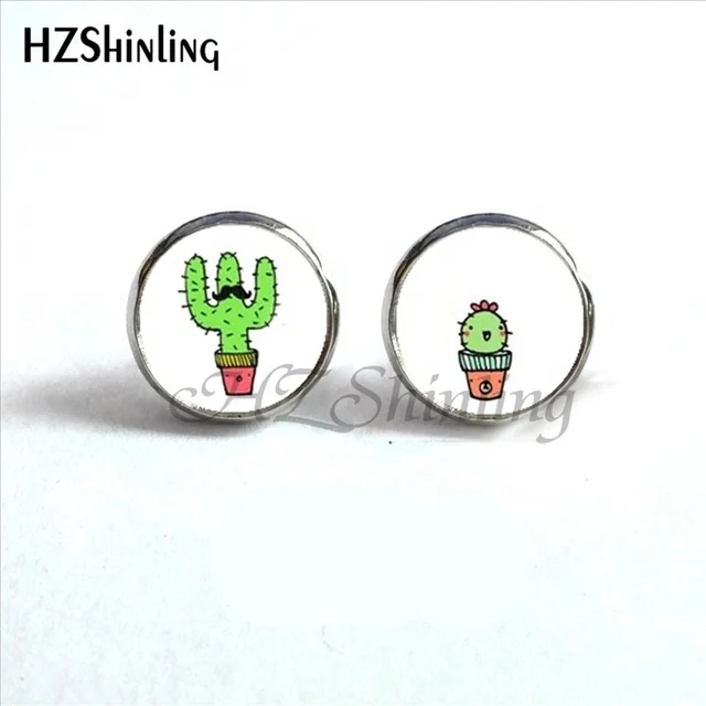 

2019 Women New Arrival Cactus Stud Earrings Lovely Cartoon Cactus and Balloons Glass Dome Photo Round Earrings Fashion Jewelry, Colorful