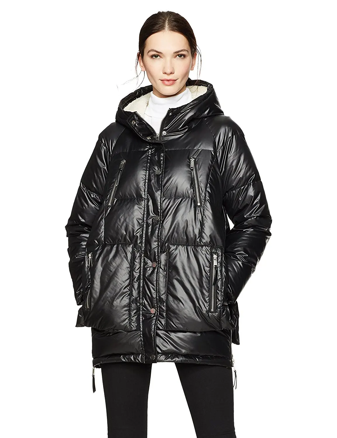 YUSKYWomen Faux Shearling Waterproof Mid Long Hooded Puffy Jacket