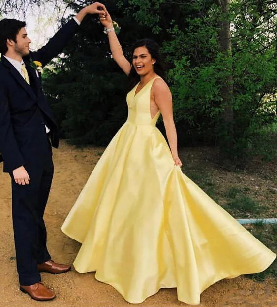 

V-Neck Simple Satin A Line Beach Bridal Yellow Long Dress For Wedding, White/ivory/yellow