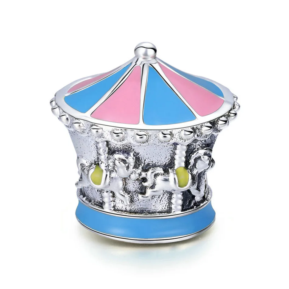 

100% 925 Sterling Silver Color Enamel Charm Beads fit Charm Bracelet & Bangles DIY Jewelry Merry-Go-Round Shape Charm