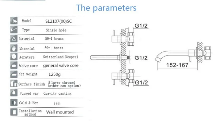 Brass wall mounted two handles basin mixer chromed faucet