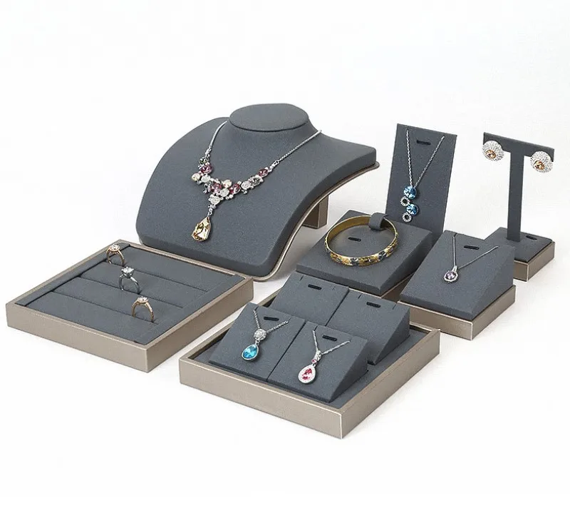 

PU leather luxury jewelry store and counter jewelry display set, Brown/silver gray