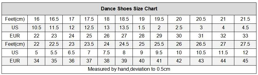 Size chart for dance shoes