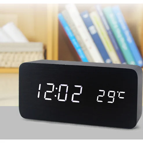

High Quality Digital LED Alarm Clock Sound Control Wooden Despertador Desktop Clock USB/AAA Powered Temperature Display