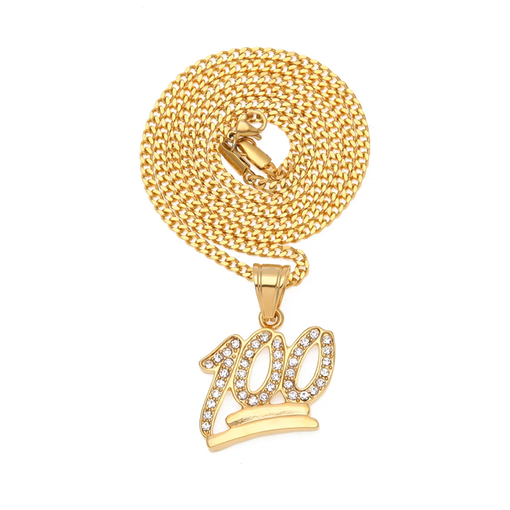 

High quality stainless steel men hip hop jewelry Cuabn Chain necklace with number 100 gold Plated double sided pendant, Yellow