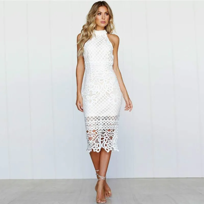 

White Women Hollow Out Sleeveless Sexy Bodycon Dress Elegant Skinny Floral Pattern Lace Dresses Vestido Y10807