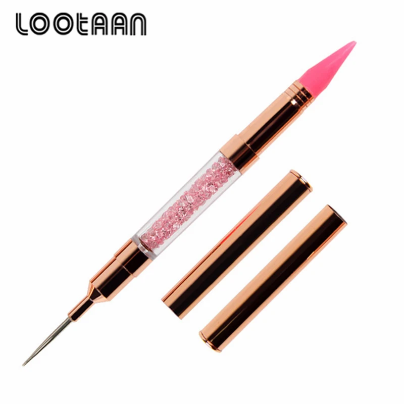 

LOOTAAN 2021 New Design OEM Logo Rhinestone Picker Double Head Rose Gold Crystal Manicure Nail Art Dotting Pen Tool, As picture