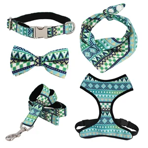 Image of geometry dog collar bow leash harness and bandana sets personal custom adjustable collar
