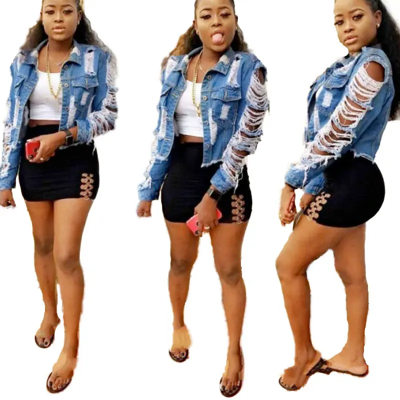 

90623-MX98 latex plus size cut out denim short jackets women