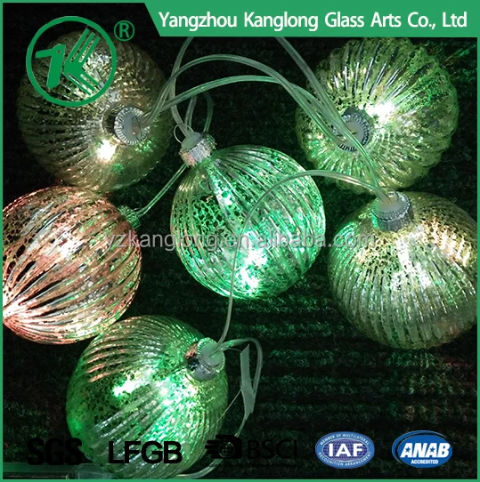 Customized 4 Inches Hanging Mercury Glass Ball LED String Lights Ornaments Set