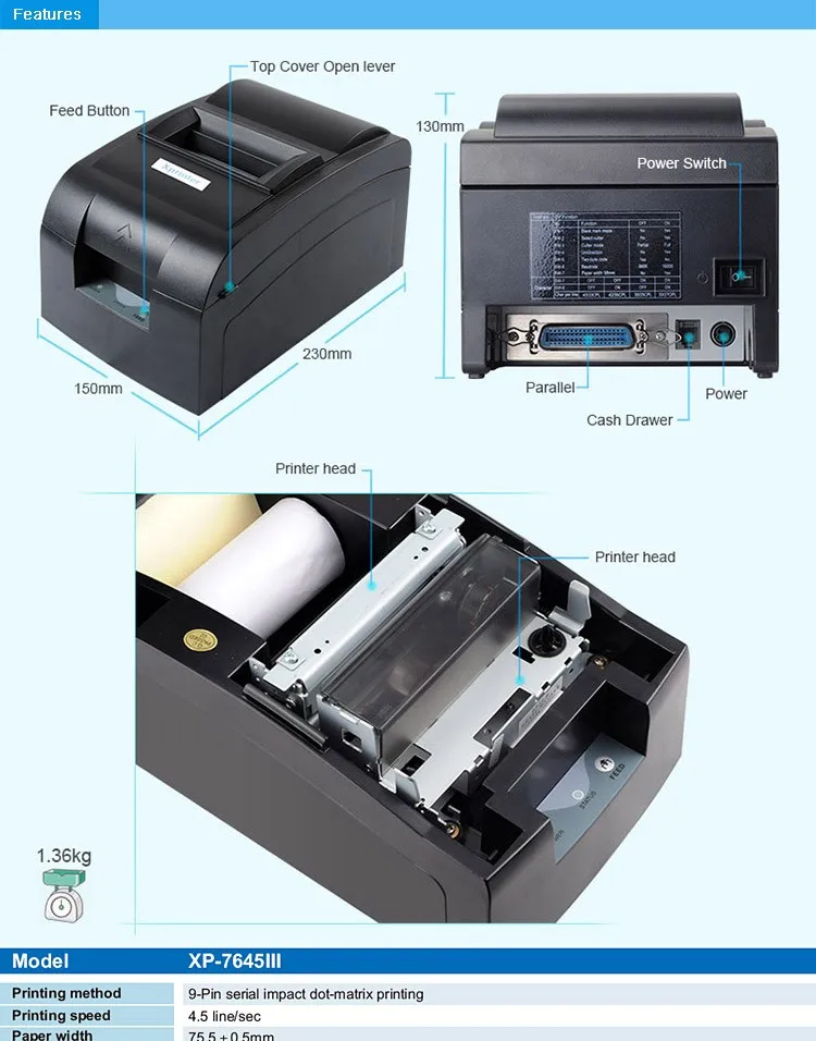Xprinter 76mm Pos Dot Matrix Impact Printer With Usb Parellel Serial