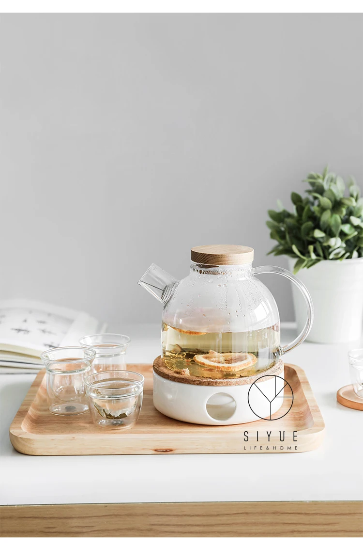 Japanese Style Multifunctional Borosilicate Teapot With Cups Wooden Lid