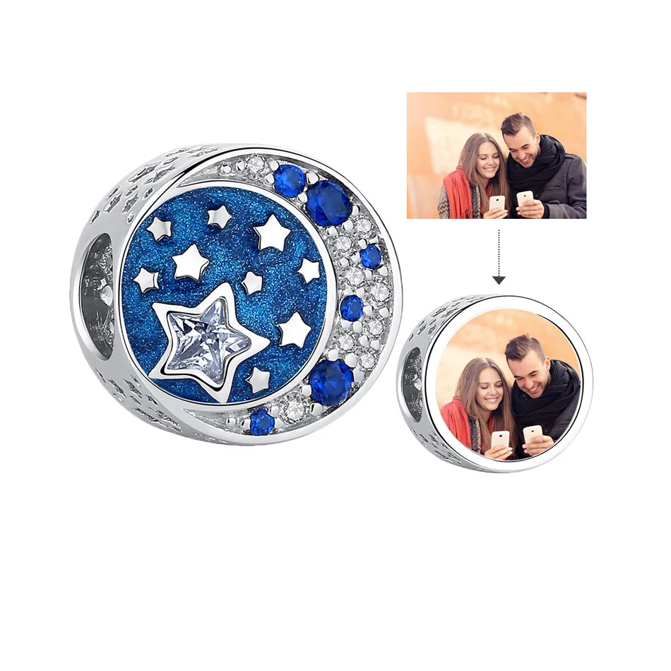 

Fashion 925 Sterling Silver Charm Moon and Star Bead Fit Bracelet Personal Custom Photo Personalized Jewelry