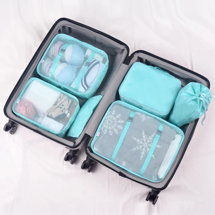 

Travel organizer bag set foldable packing cubes 6 pcs travel luggage packing organizer set, Blue, green, pink, navy, gray, beige, pink stripes,white cactus