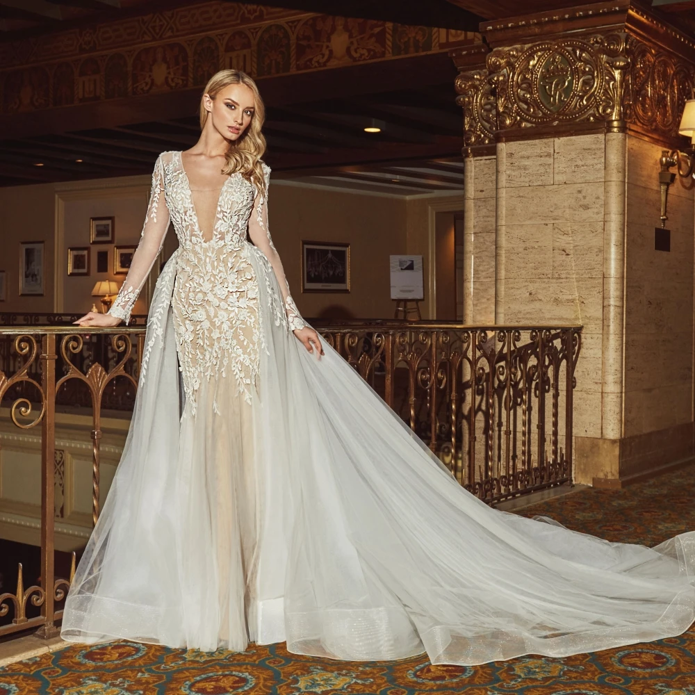 AC-1036 Elegant V Neck Long Sleeves Appliqued Detachable Skirt Mermaid Wedding Dress