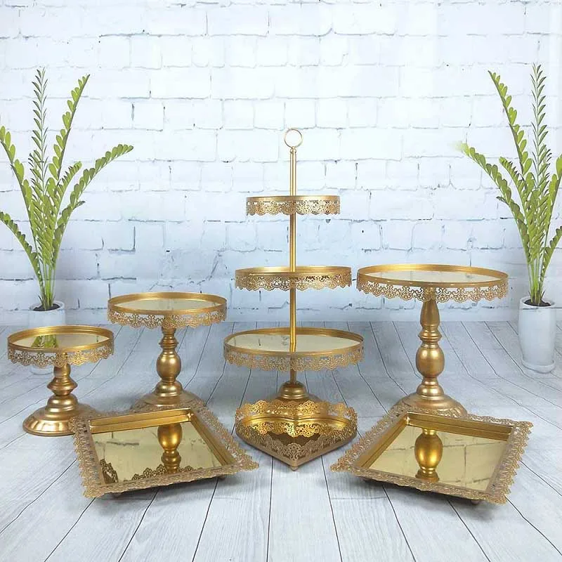 

7Pcs/ set Gold Silver Pink White Wedding Cupcake Set 3 Tier Metal Mirror Cake Stand