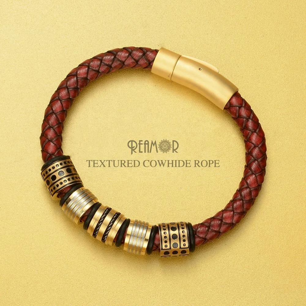 

REAMOR 8mm Red Braided Full-Grain Leather Men's Bracelet Stainless steel Shining Golden Beads Charm Bracelets Bangle Jewelry