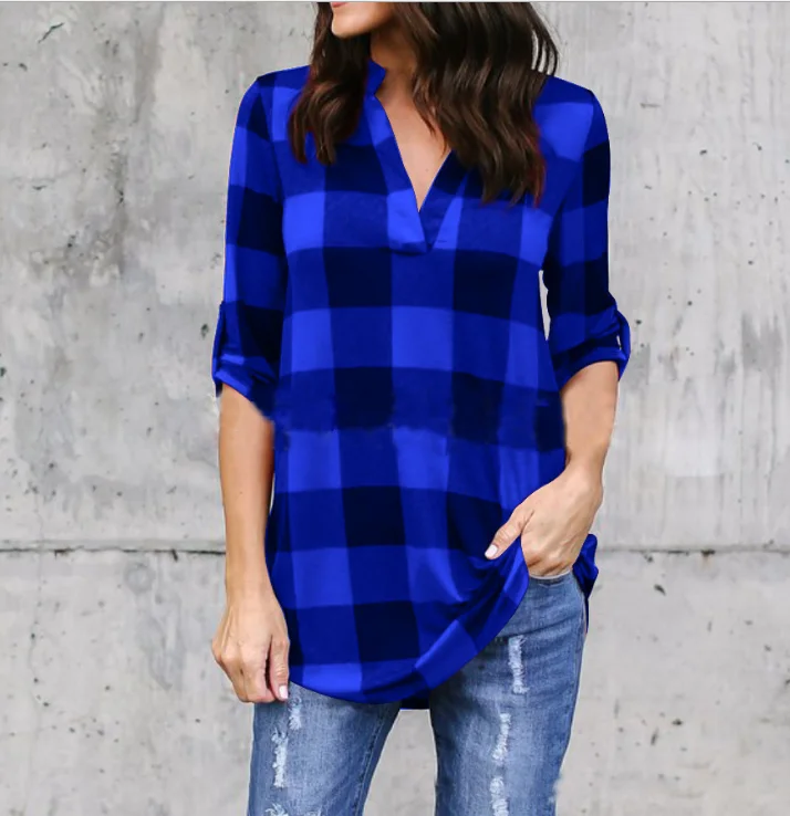 

Wholesale Women Half sleeve V-neck Plaid Shirt Casual Blouse, As picture