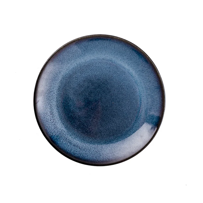 

Ceramic Fambe Dinnerware Round Flat Plate Blue Glazed Shallow Plate Blue Western Dessert Salad Steak Plate