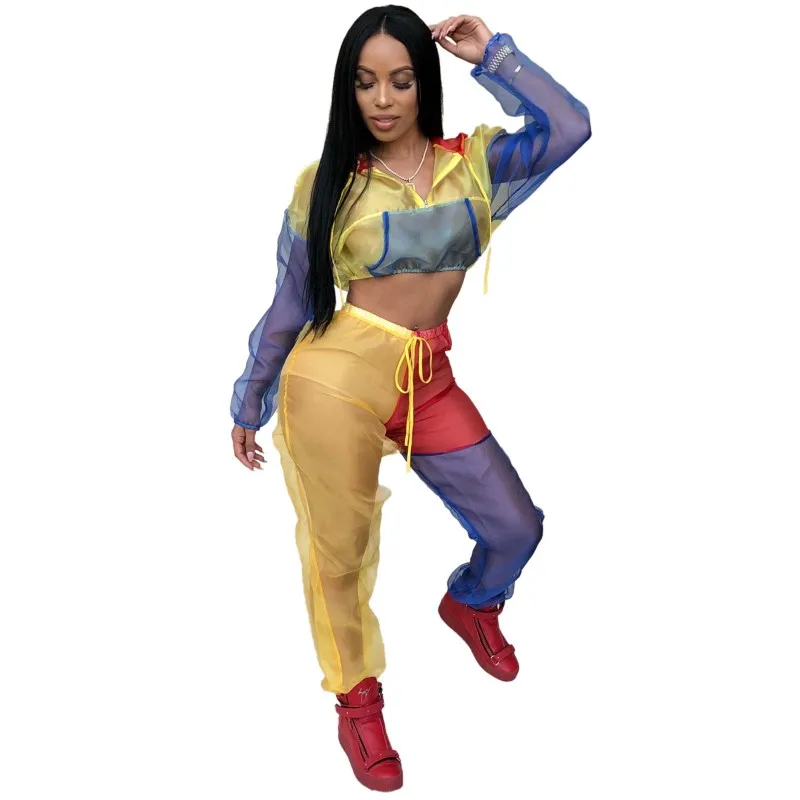 

Color Patchwork Sheer Mesh Women Tracksuit Front Zipper Long Sleeve Hooded Jacket Crop Top + Pants Two Piece Set Outfits Y11131