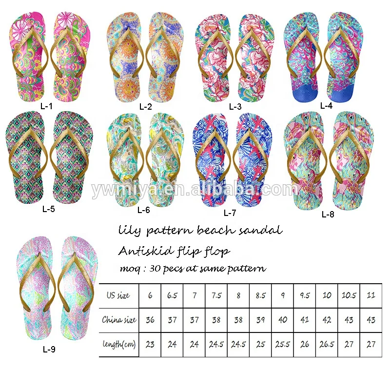 

YJ-008 2019 Latest summer flip flop designs lily print antiskid waterpoof beach slipper sandals for women wholesale, Picture show