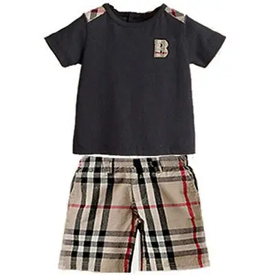Boys 2Pcs Sports Set Short Sleeves T shirt Tops Plaid Shorts Kids Outfits 2 7Y