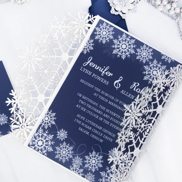 Customized Silver Snowflake Laser Cut Invitation Card With Snowflake