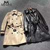 Double Breasted Long Classic Trench Coat Black Camel Color Sheep Skin Women Leather Jacket