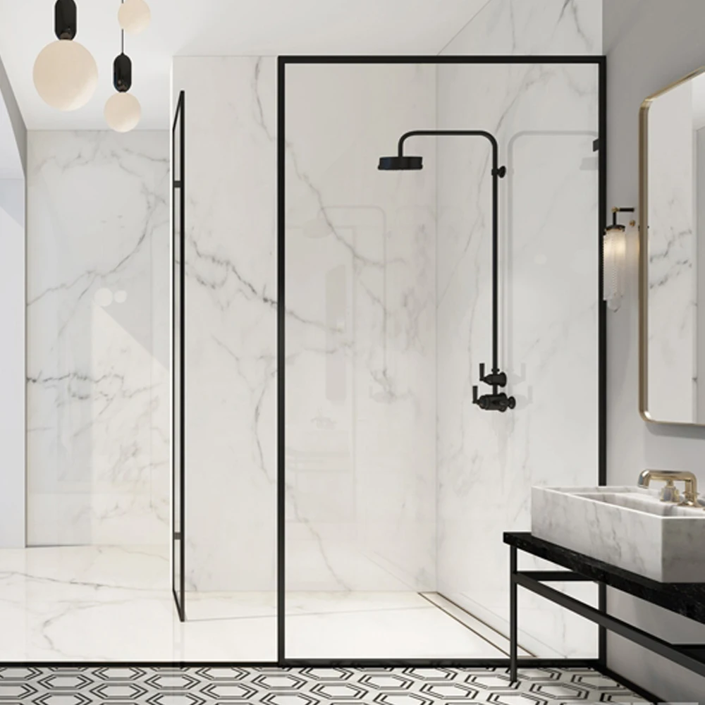 hangzhou factory walk in shower door matt black shower screen with black pattern glass