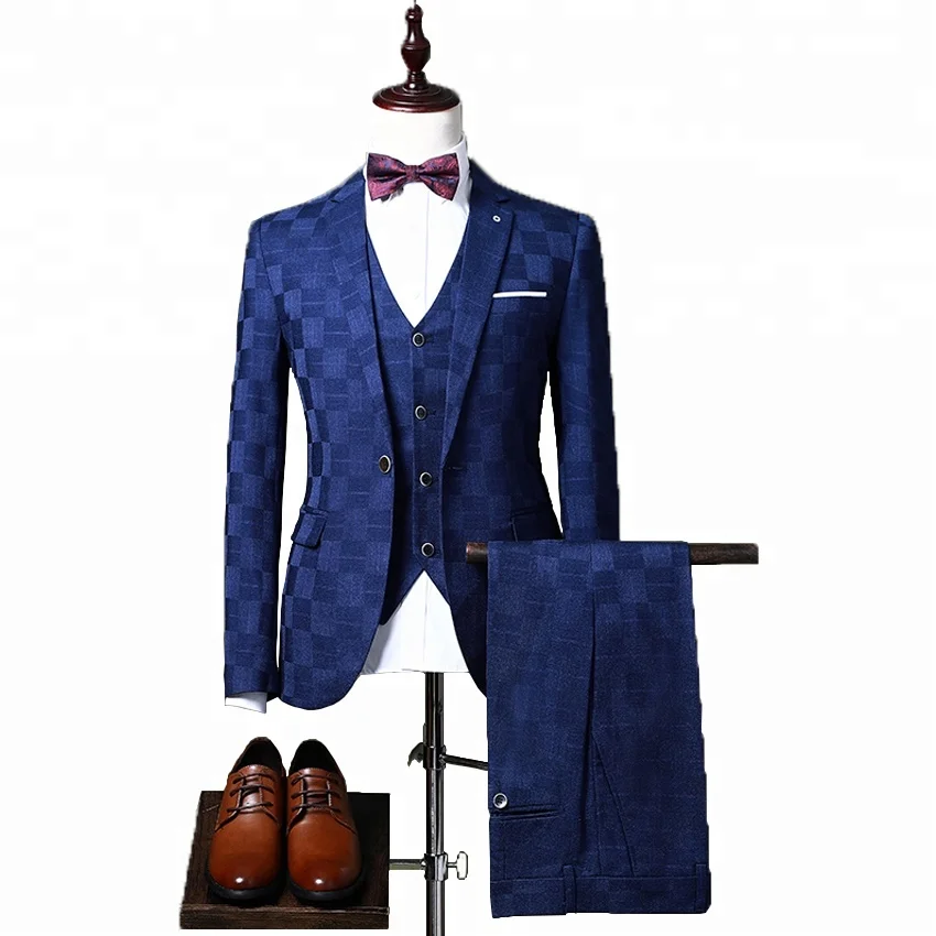 

In-Stock China Factory Bespoke Dynamic Designed Plaid 3 Pieces Mens Suit, Dark grey;red;blue