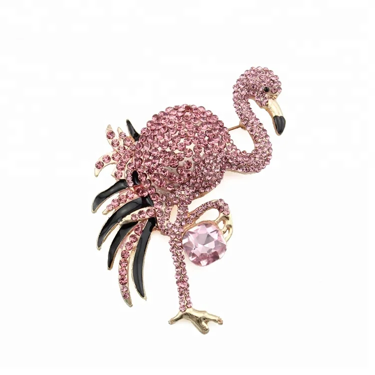 

Gold Flamingo Brooch pin diamond bird jewelry, Red green