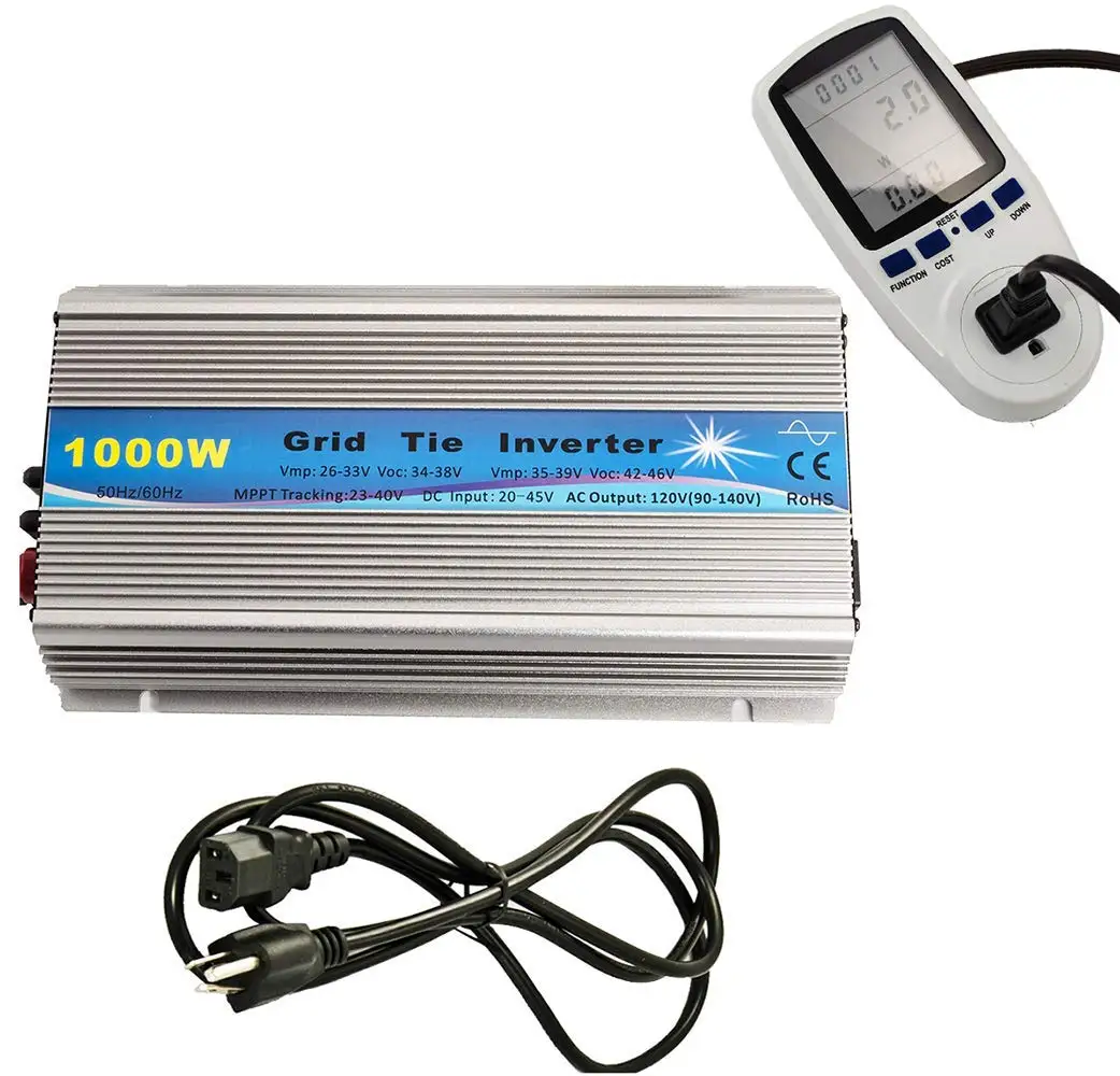 iMeshbean 1KW Solar Grid tie Inverter with Energy Watt Voltage Meter Monitor: 1000 Watts Grid Tie Inverter MPPT Pure Sine Wave for Solar Panel System 22-45V Input to 90V-140V Output Stackable USA
