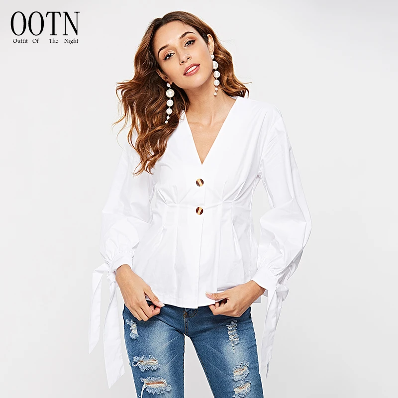 

OOTN 2019 Autumn Winter Ladies Chemise Workwear, Tops Women Tie Long Sleeve Peplum White Tunic Shirts, V Neck Slim Office Blouse