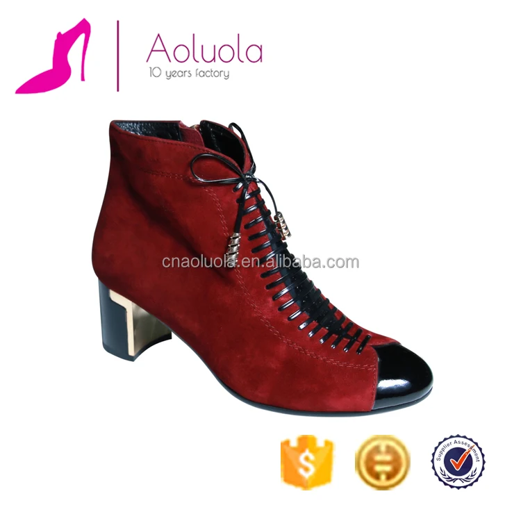 Wine red handmade genuine leather ankle boots with shining shoelaces women boots