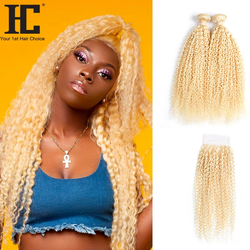 

Mongolian Kinky Curly 613 Blonde Human Hair Weave 3 Bundles With Closure Free Part 4*4 Honey Blonde Remy Hair Extension