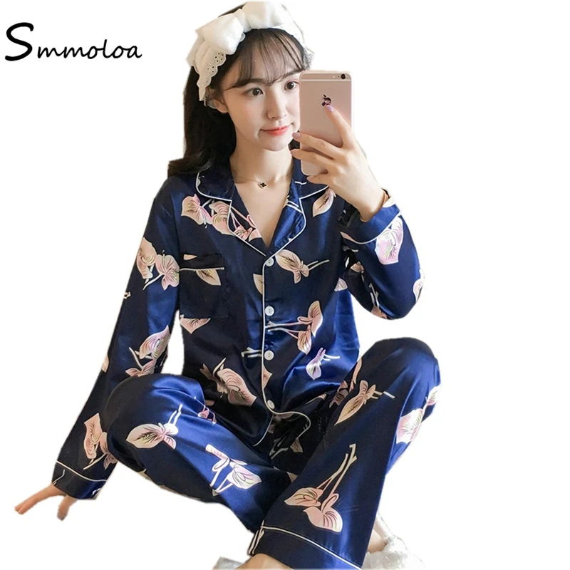 

Smmoloa Women Satin Pajamas Long Sleeve Sleepwear Female Two Piece Set Silk Pajamas Plus Size, Pictured